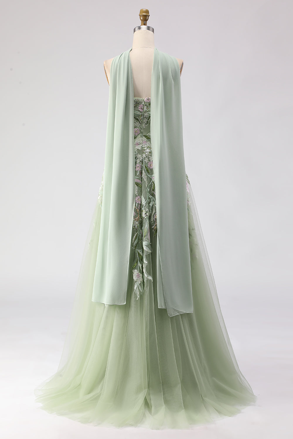 Strapless A-Line Dusty Sage Embroidered Prom Dress With Streamer