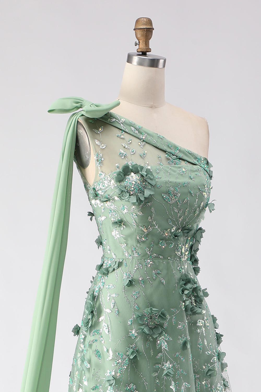 One Shoulder Green A-Line Appliqued Prom Dress With Slit