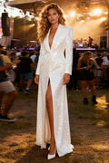 Sparkly White Sheath Peak Lapel Maxi Blazer Dress With Slit