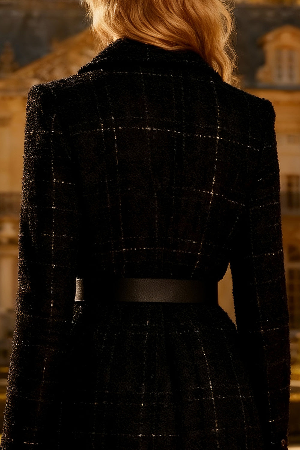 Black Notched Lapel Tweed Long Sleeve Midi Work Dress