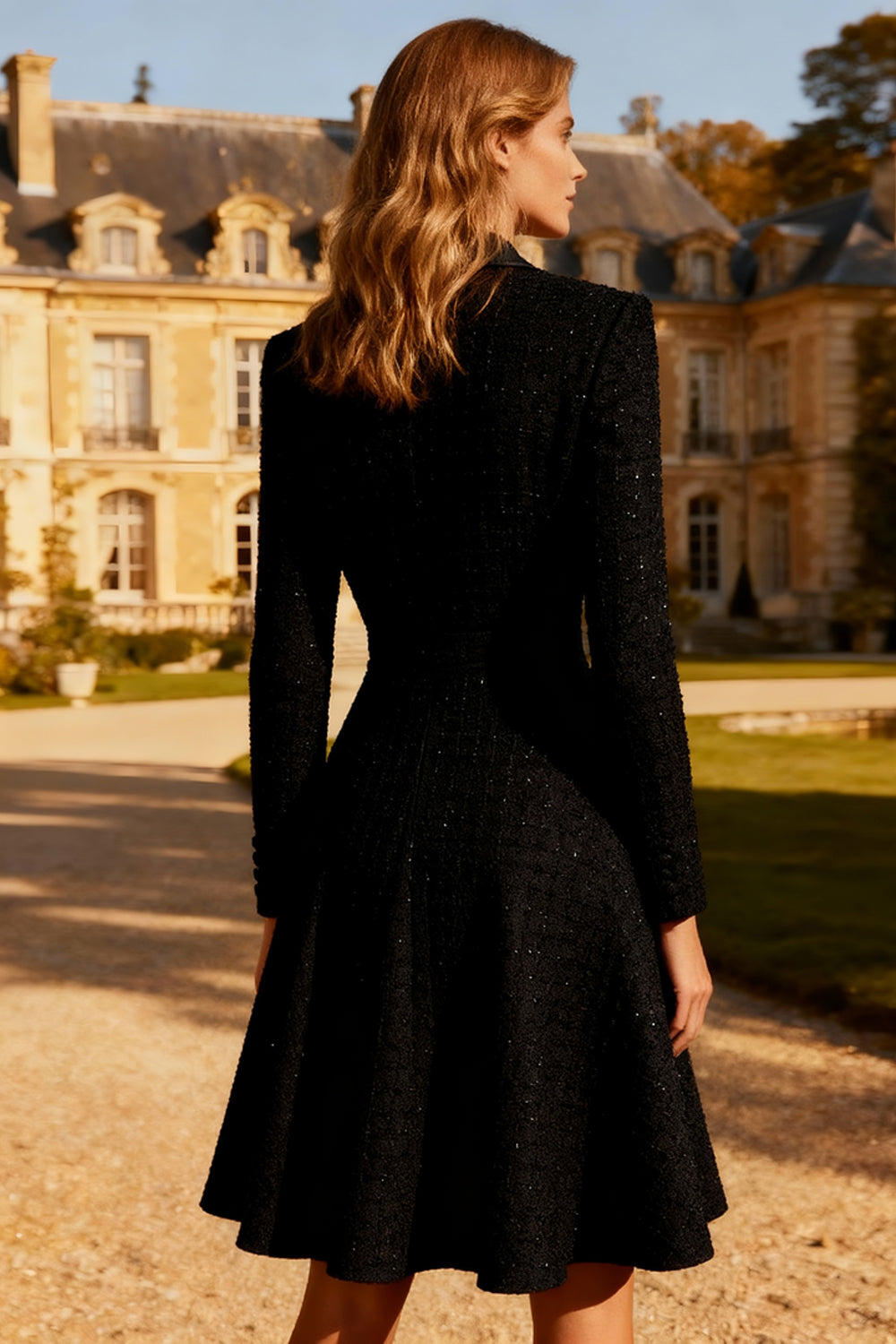 Black Peak Lapel A-Line Midi Work Dress
