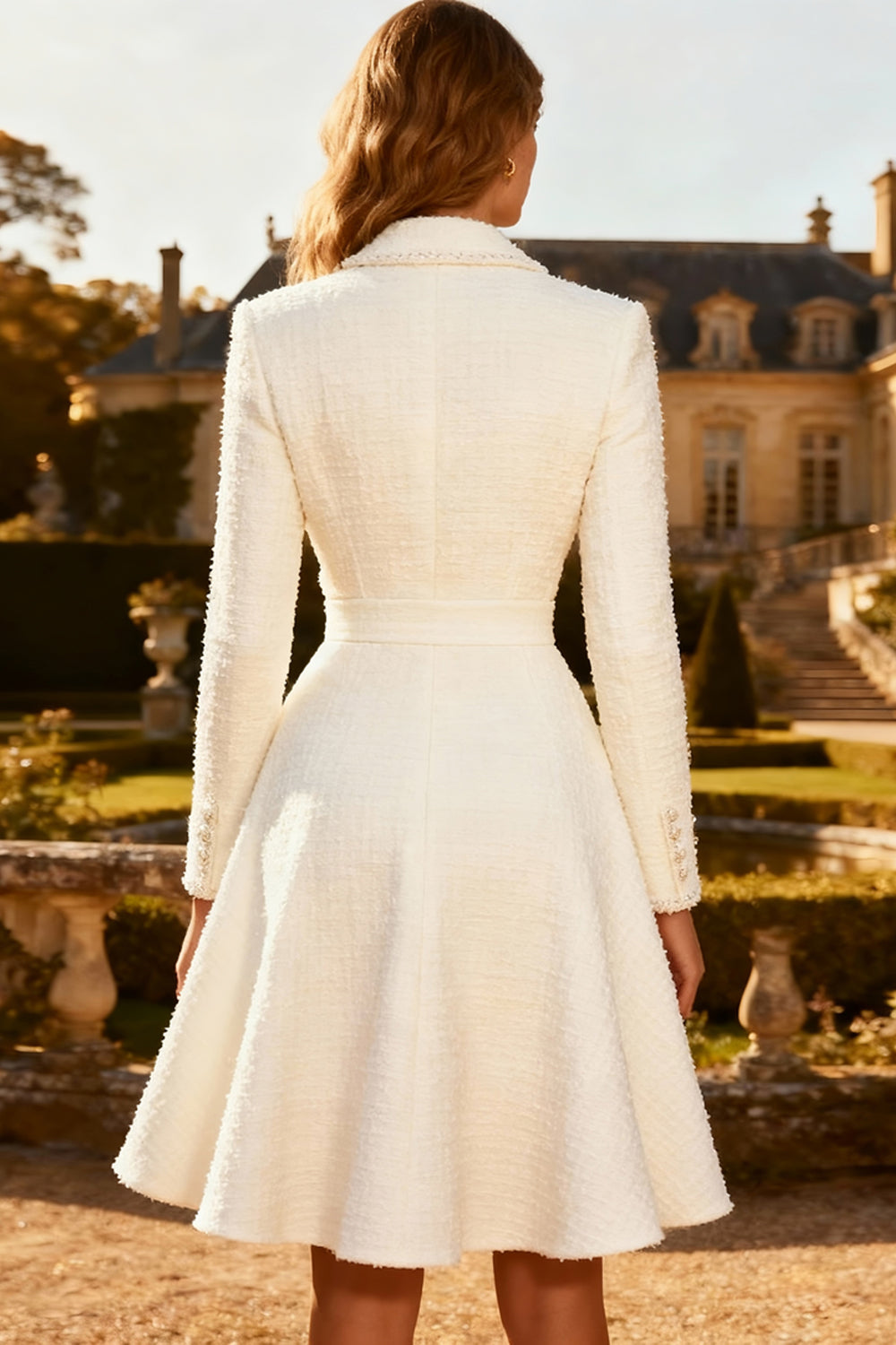 White Tweed A-Line Notched Lapel Midi Work Dress