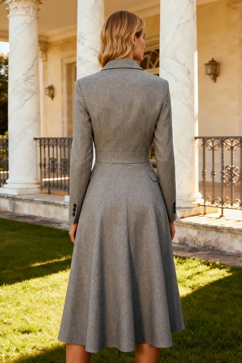 Grey Notched Lapel A-Line Midi Blazer Dress