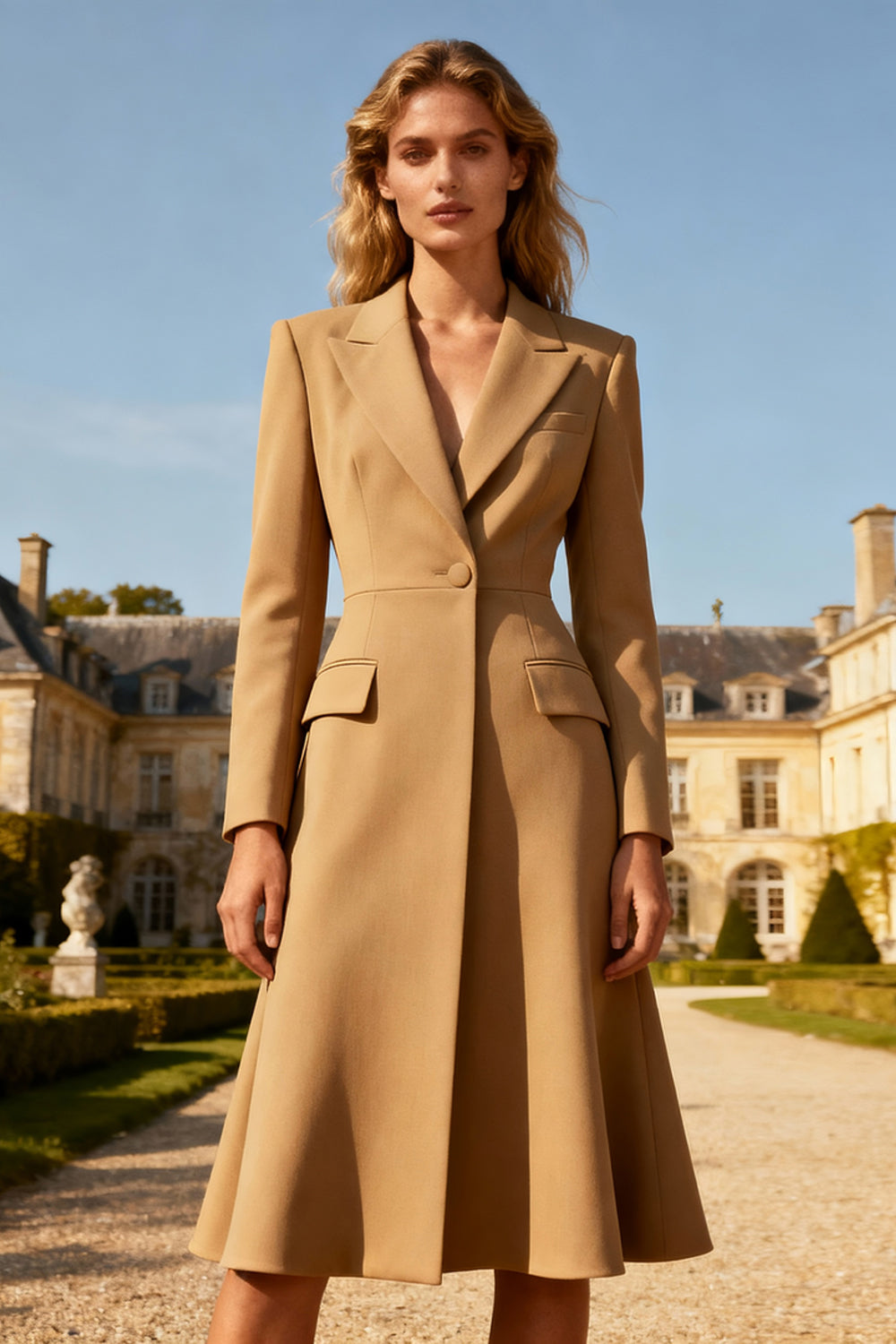 Khaki Peak Lapel A-Line Midi Work Dress