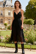 Black A-Line Spaghetti Straps Midi Dress