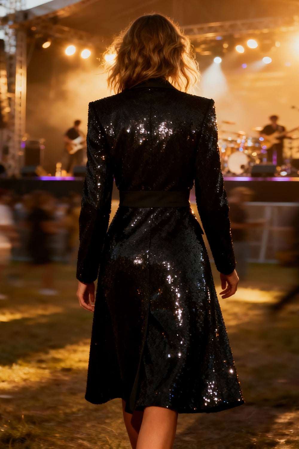 Sparkly Black Peak Lapel Midi Blazer Dress