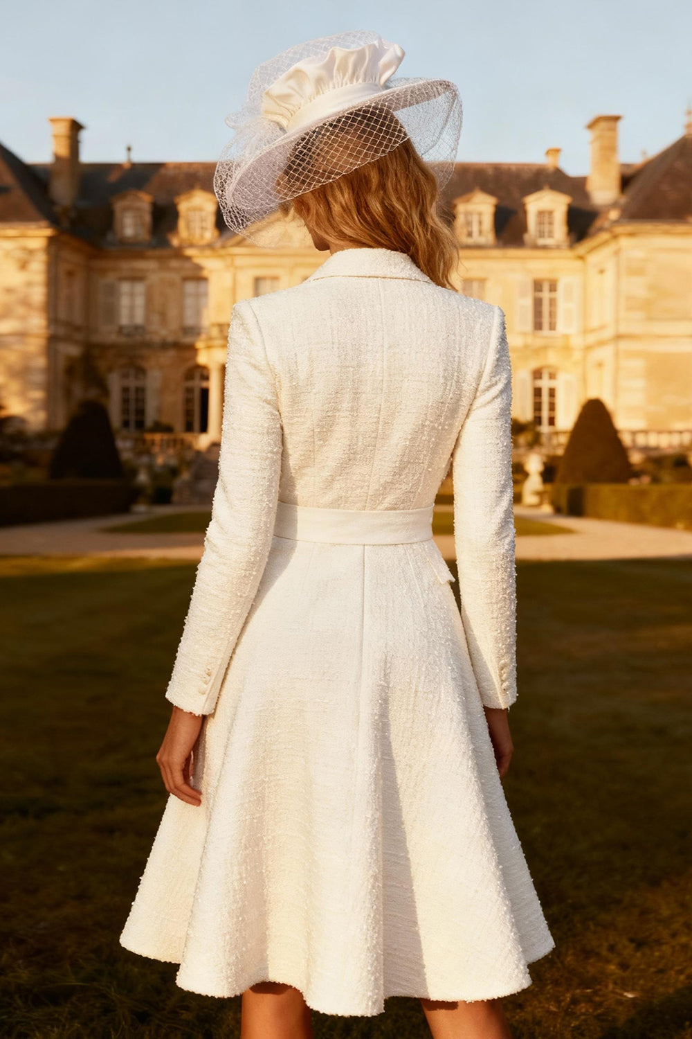 White A-Line Peak Lapel Tweed Midi Business Dress