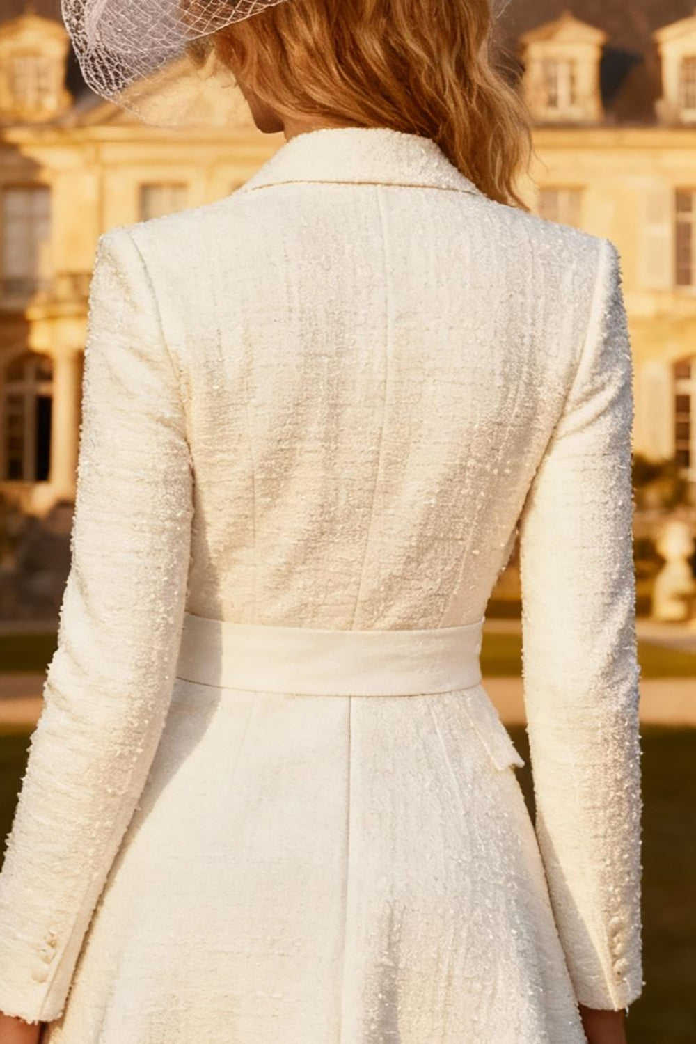 White A-Line Peak Lapel Tweed Midi Business Dress