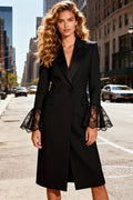 Black Pencil Peak Lapel Midi Business Dress With Lace Long Sleeves
