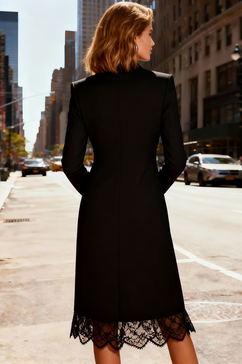 Black Long Sleeve Midi Work Dress With Lace