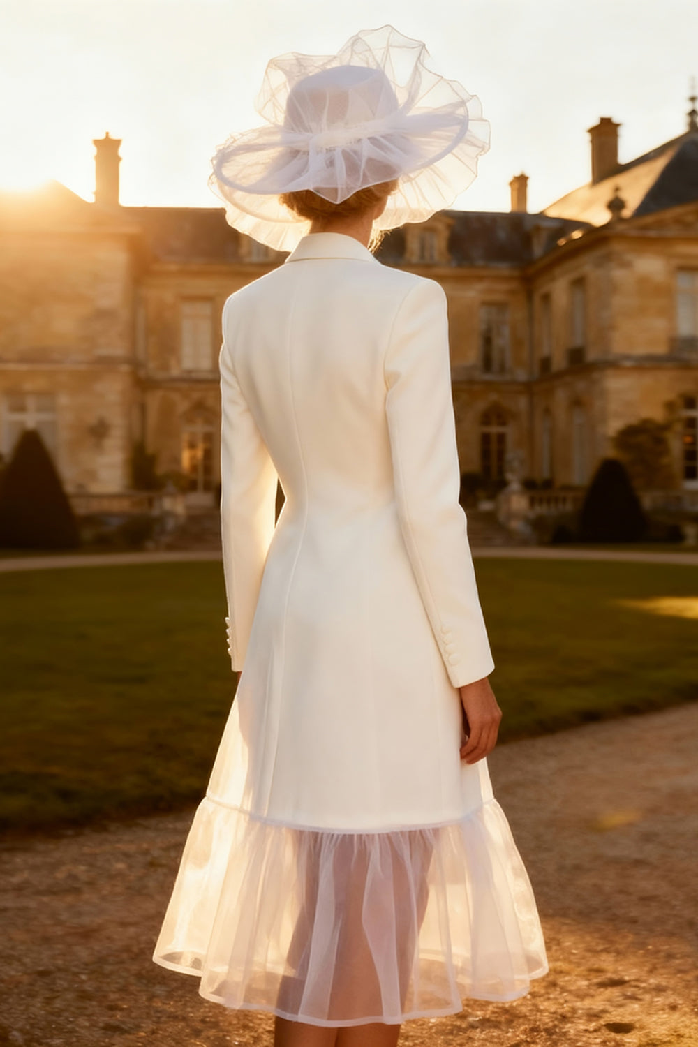 White Peak Lapel Long Sleeve Work Dress