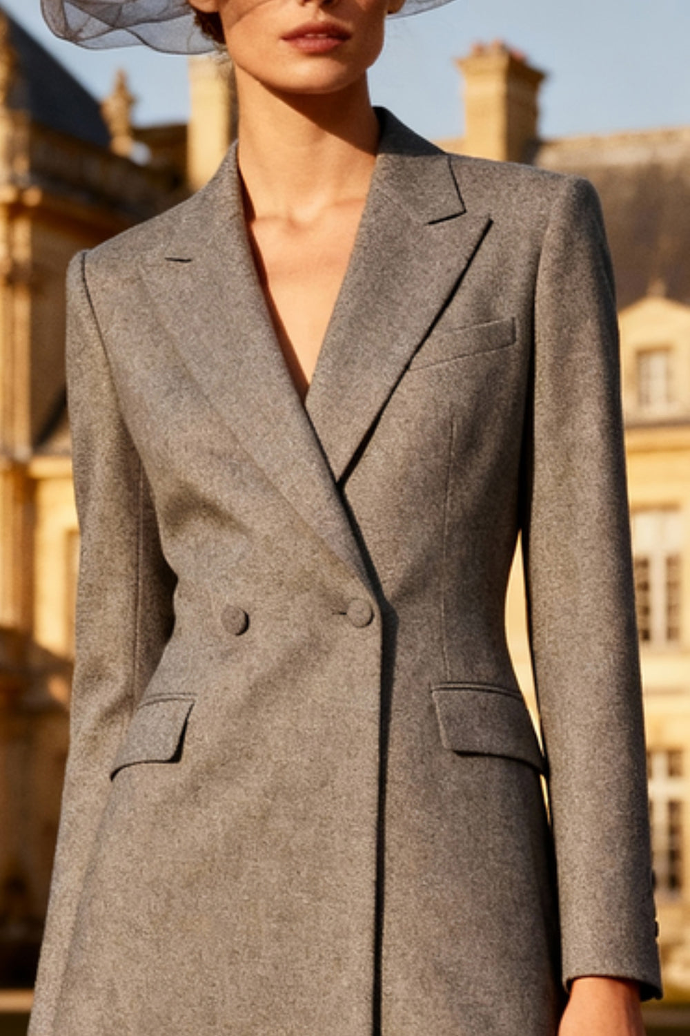 Grey A-Line Peak Lapel Midi Work Dress