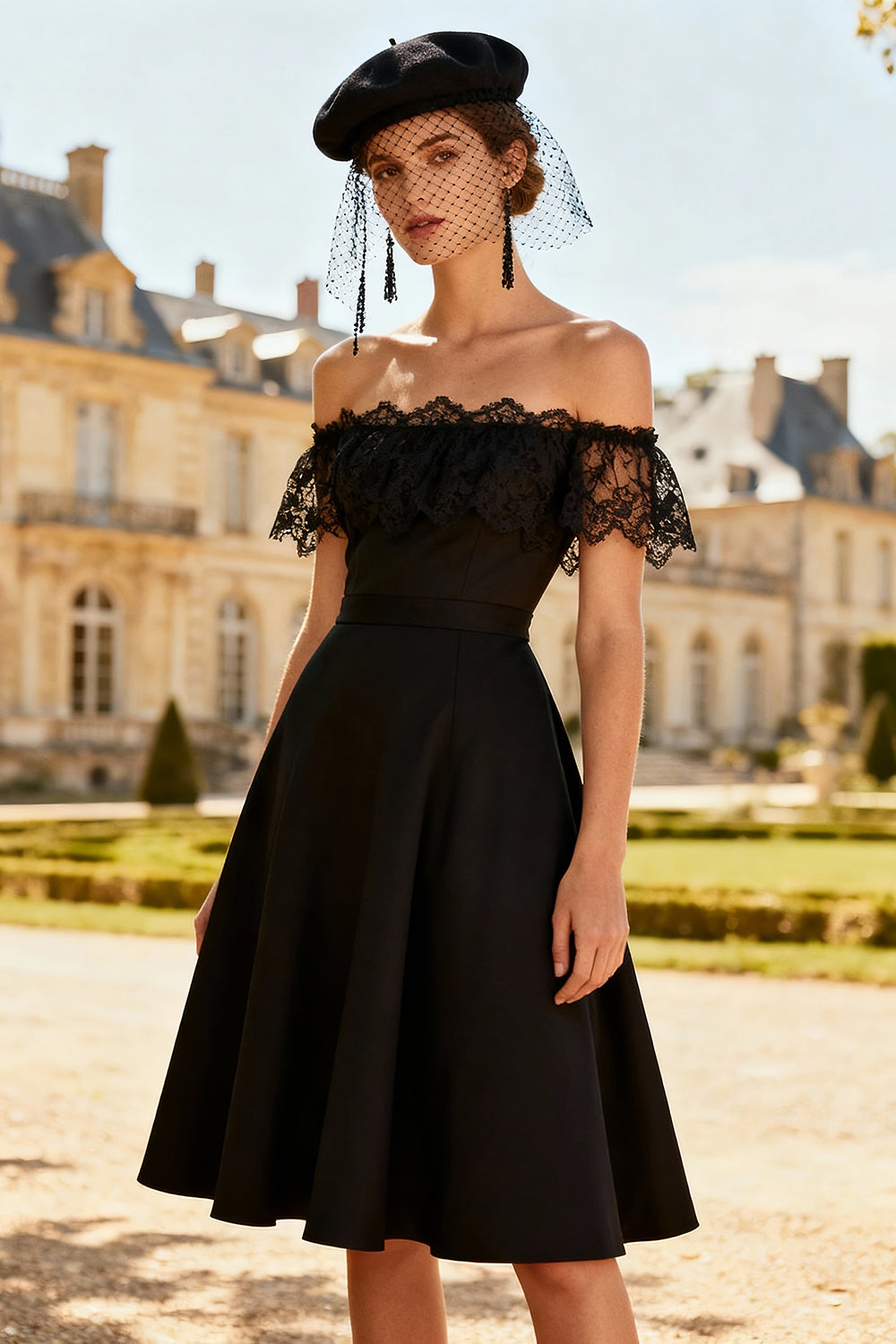 Off The Shoulder Black A-Line Cocktail Dress With Lace
