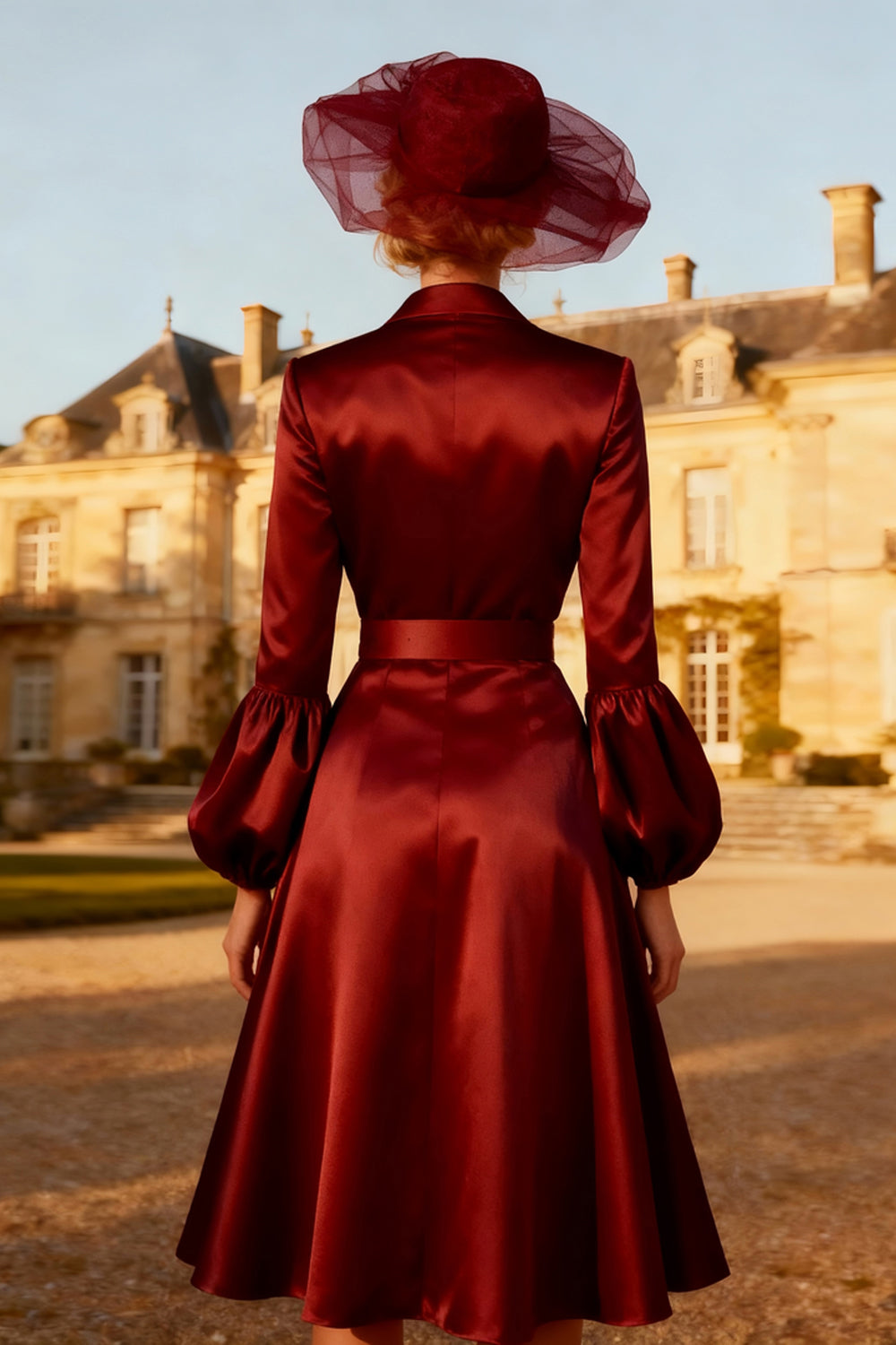 Burgundy A-Line Peak Lapel Midi Blazer Dress With Belt