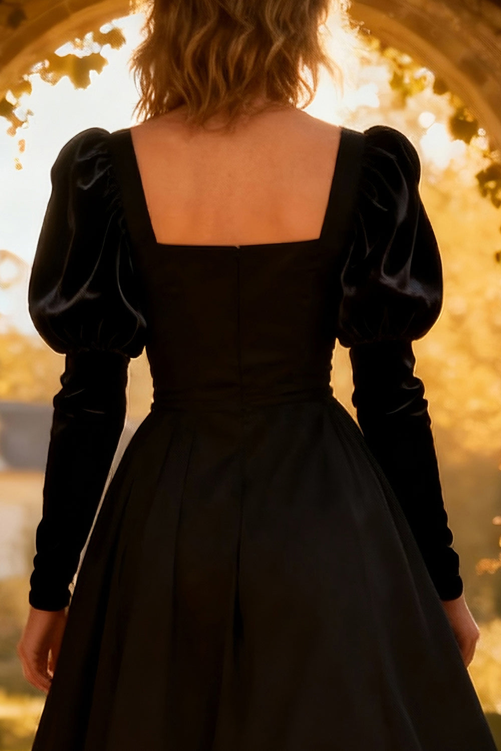 Black A-Line Square Neck Midi Dress With Long Sleeves