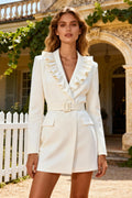 White Ruffle Long Sleeve Work Dress With Belt