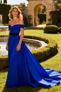 Royal Blue A-Line Off The Shoulder Maxi Formal Dress With Bow
