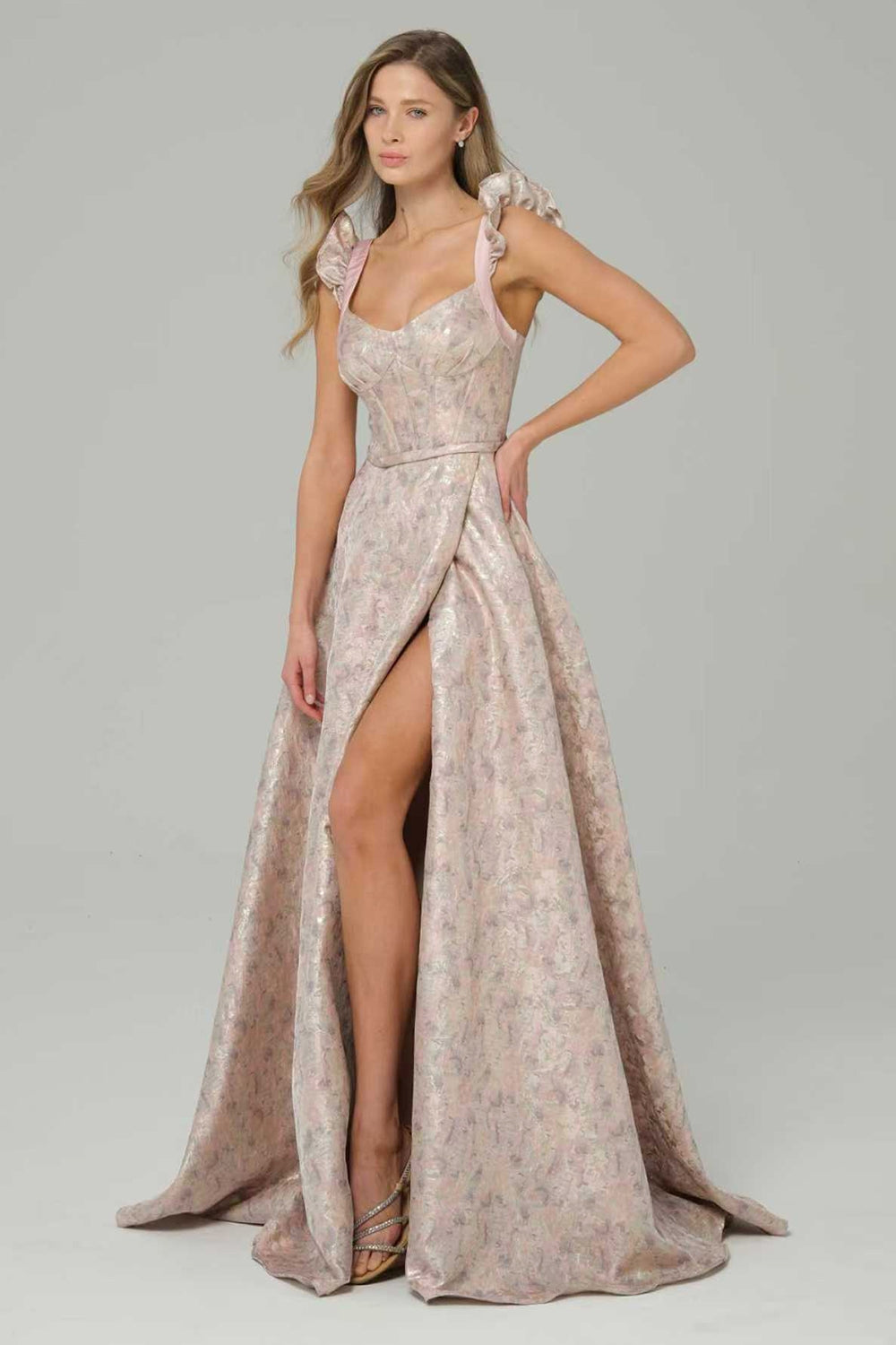 Pink Floral Corset A Line Maxi Prom Dress with Ruffles
