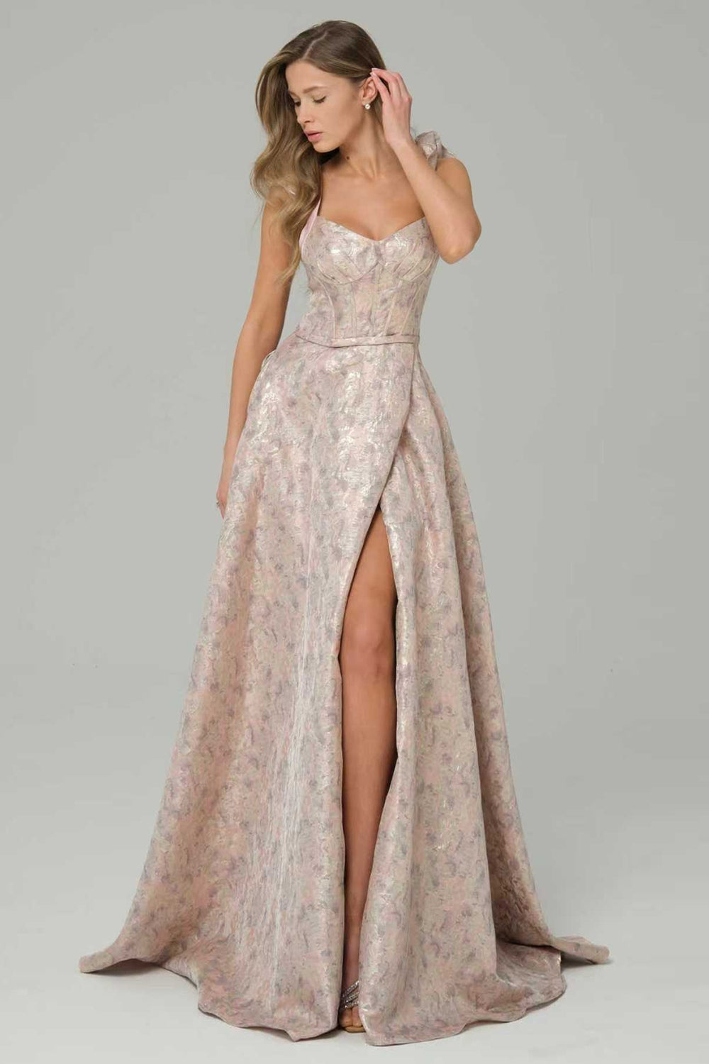 Pink Floral Corset A Line Maxi Prom Dress with Ruffles
