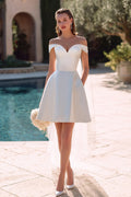 White A-Line Off The Shoulder Satin Bridal Shower Dress