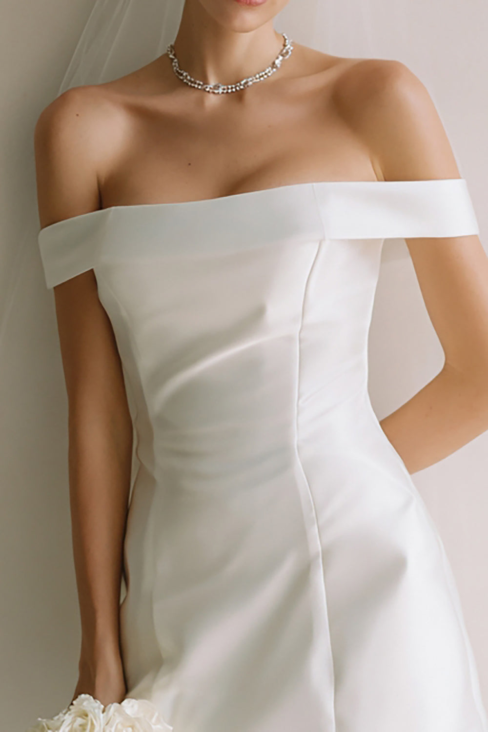 Off The Shoulder White Satin Bridal Shower Dress