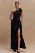 Sheath One Shoulder Satin Black Tie Dress With Slit