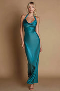 Halter Sheath Peacock Satin Maxi Evening Dress