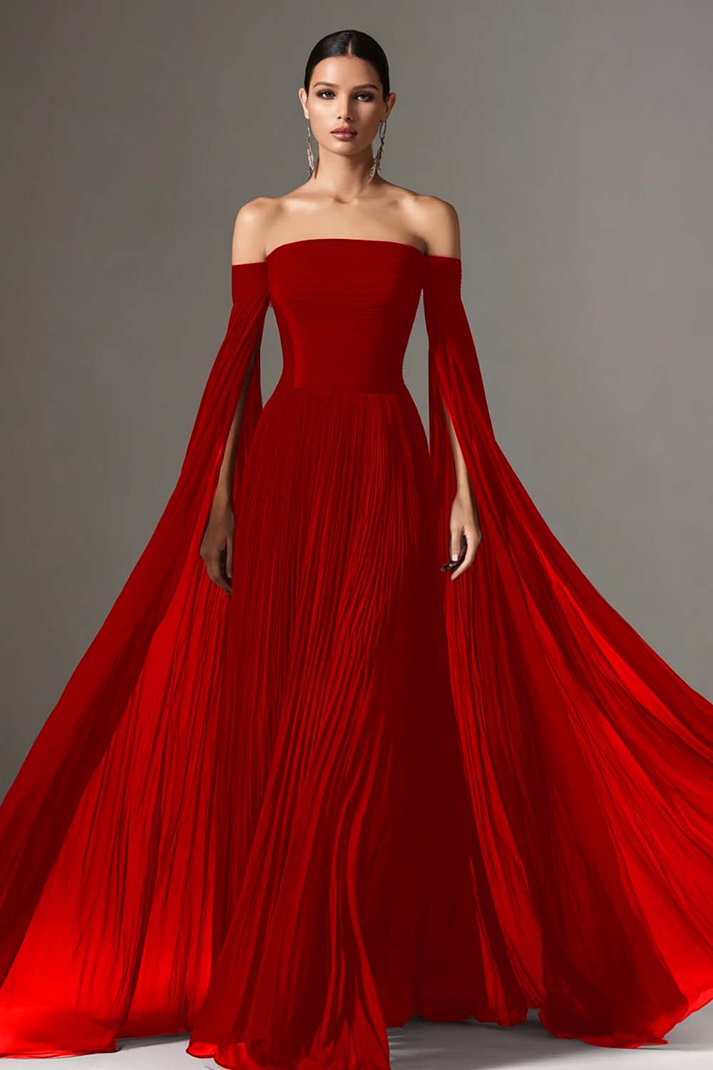 Off The Shoulder Burgundy Pleated A-Line Maxi Evening Dress With Cape