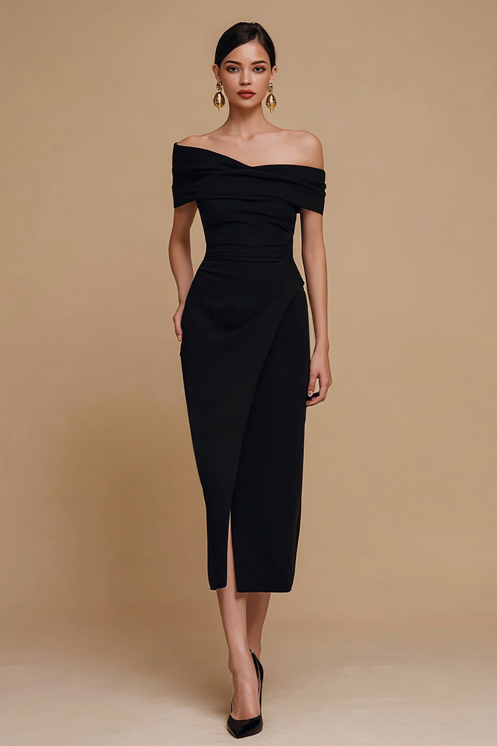 Off The Shoulder Sheath Midi Black Tie Dress With Slit
