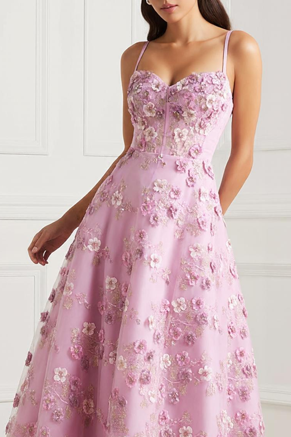 Pink Floral A-Line Appliqued Spaghetti Straps Midi Prom Dress