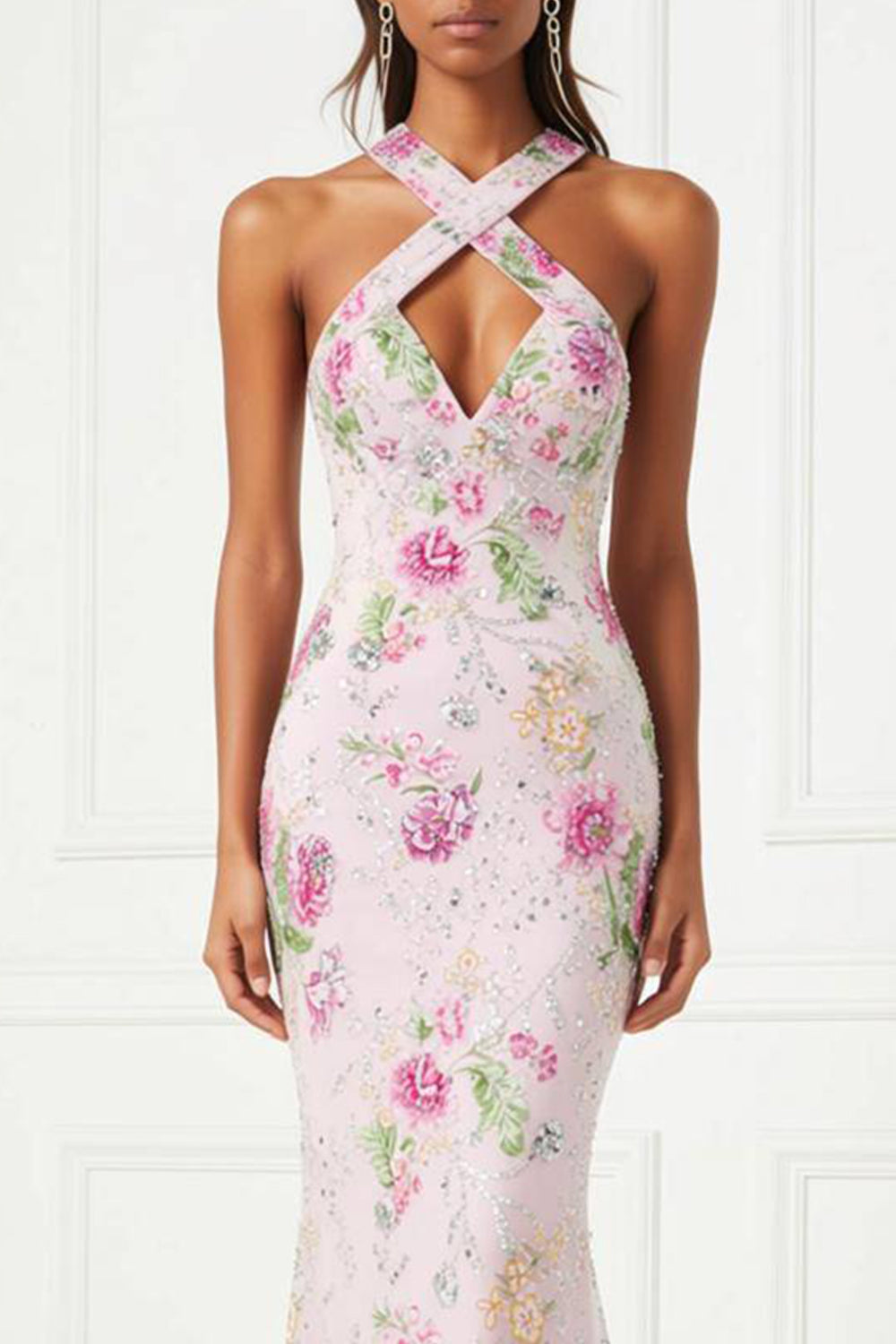 Floral Pink Halter Sequin Mermaid Prom Dress