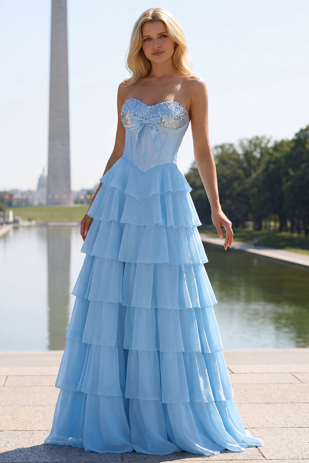 Pink Tiered Strapless Corset Sequin Maxi Prom Dress