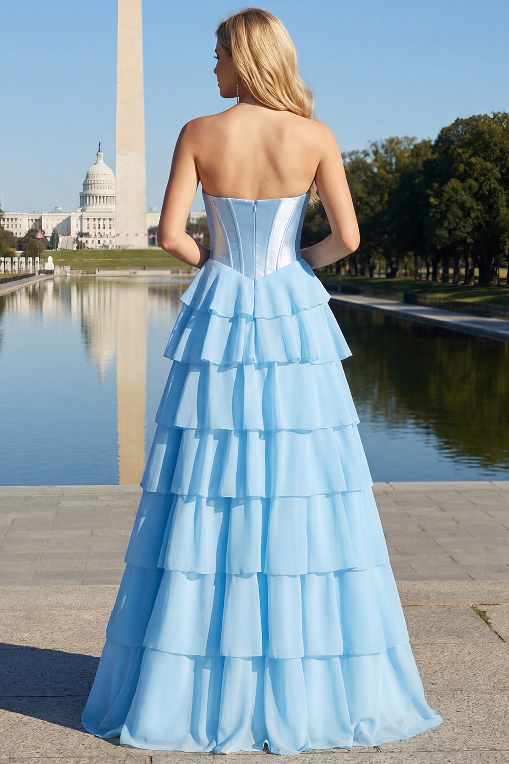 Pink Tiered Strapless Corset Sequin Maxi Prom Dress