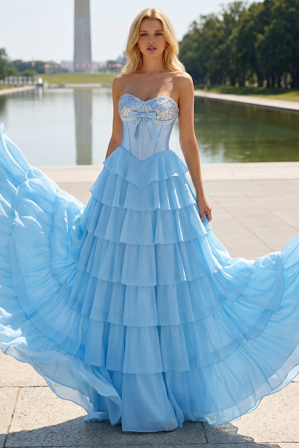 Pink Tiered Strapless Corset Sequin Maxi Prom Dress