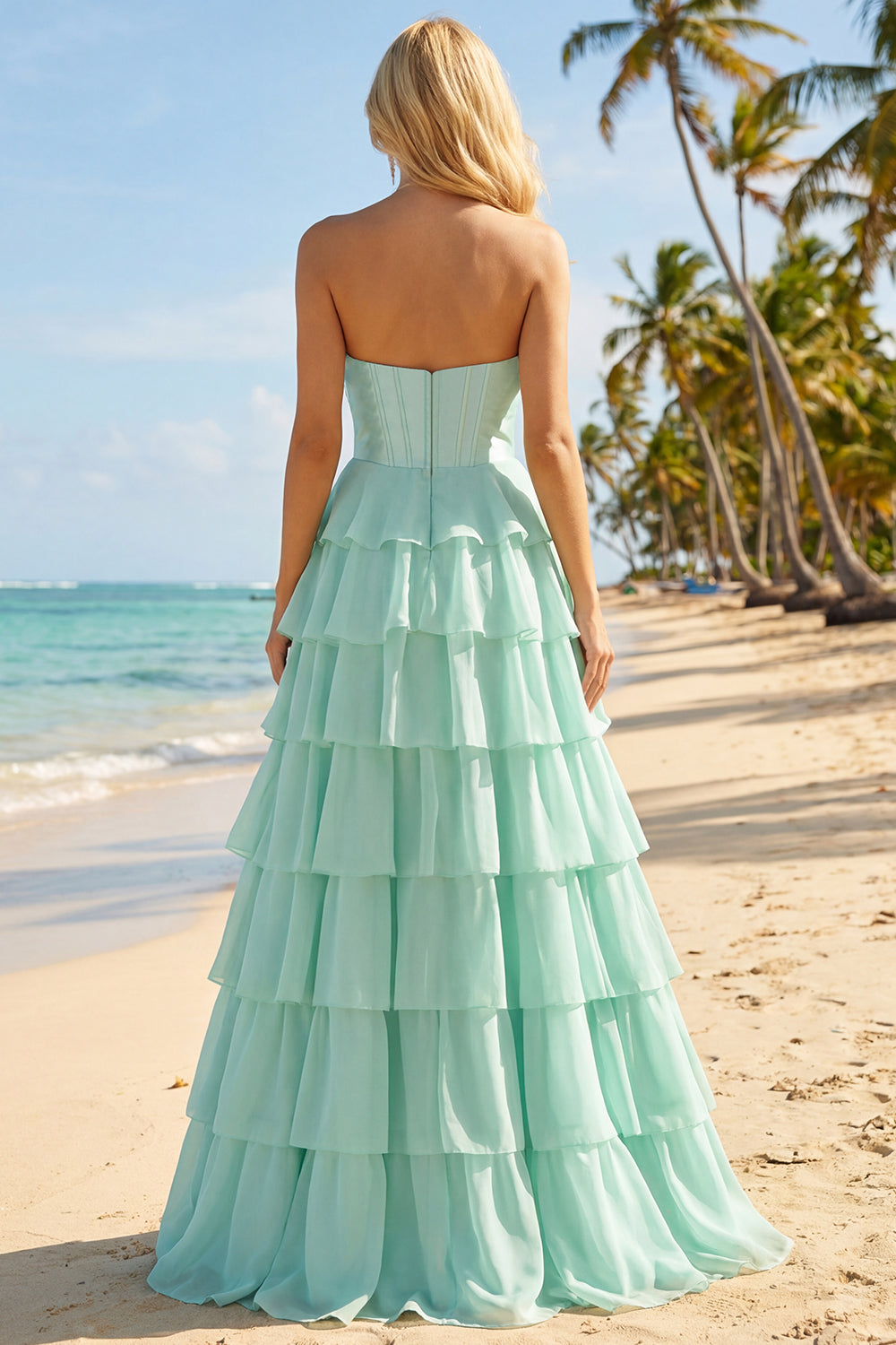 Pink Tiered Strapless Corset Sequin Maxi Prom Dress