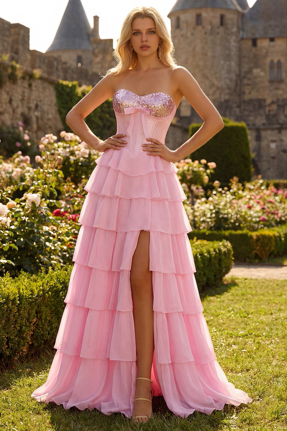 Pink Tiered Strapless Corset Sequin Maxi Prom Dress