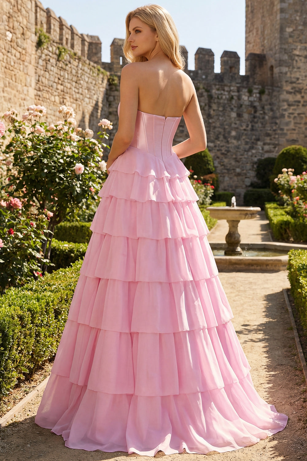 Pink Tiered Strapless Corset Sequin Maxi Prom Dress
