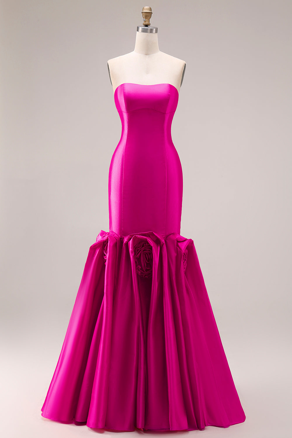 Elegant Fuchsia Satin 3D Flower Strapless Maxi Prom Dress