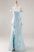Off the Shoulder A Line Sea Glass Bridesmaid Dress with Ruffles