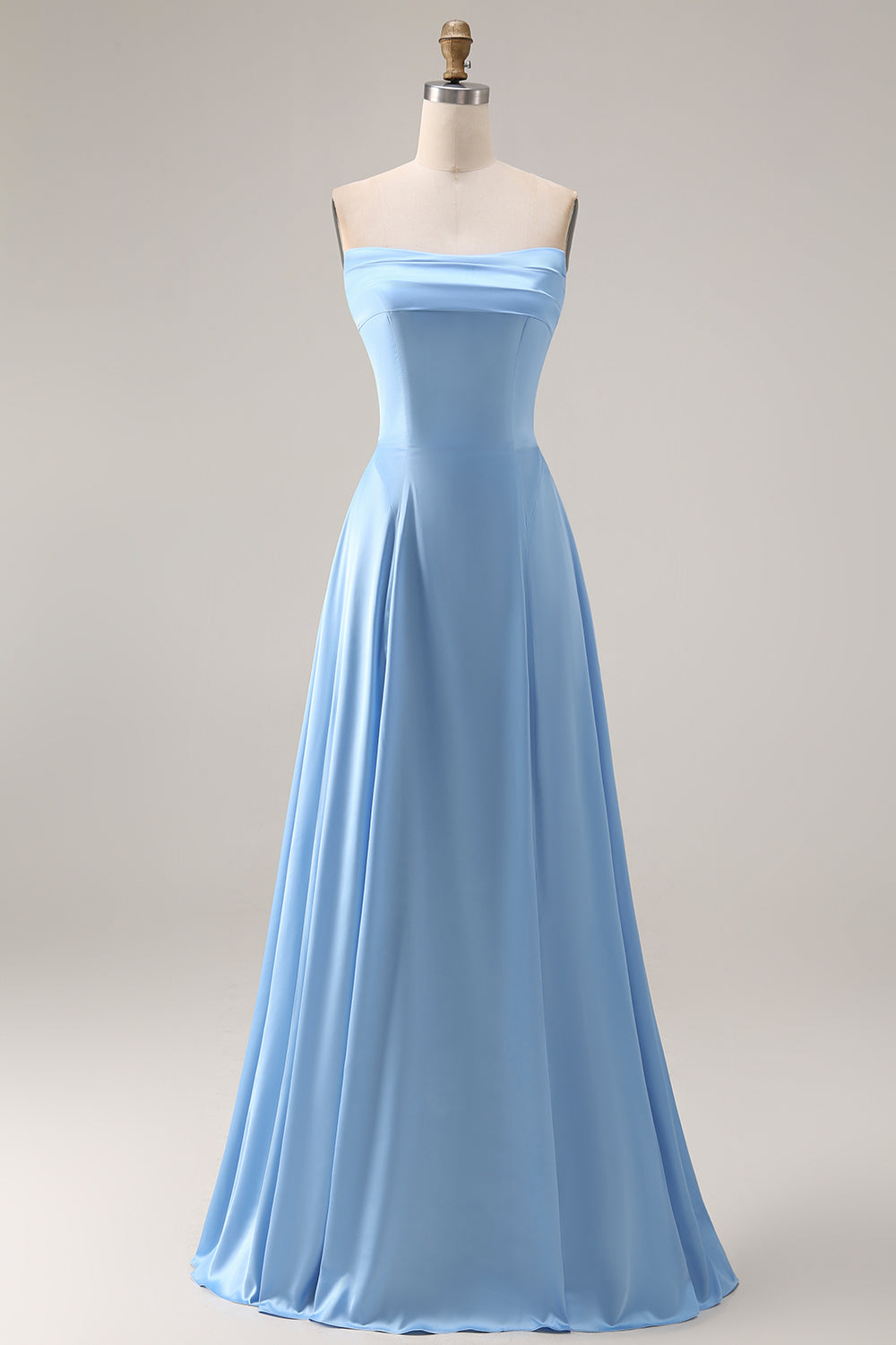 Blue A Line Strapless Satin Bridesmaid Dress