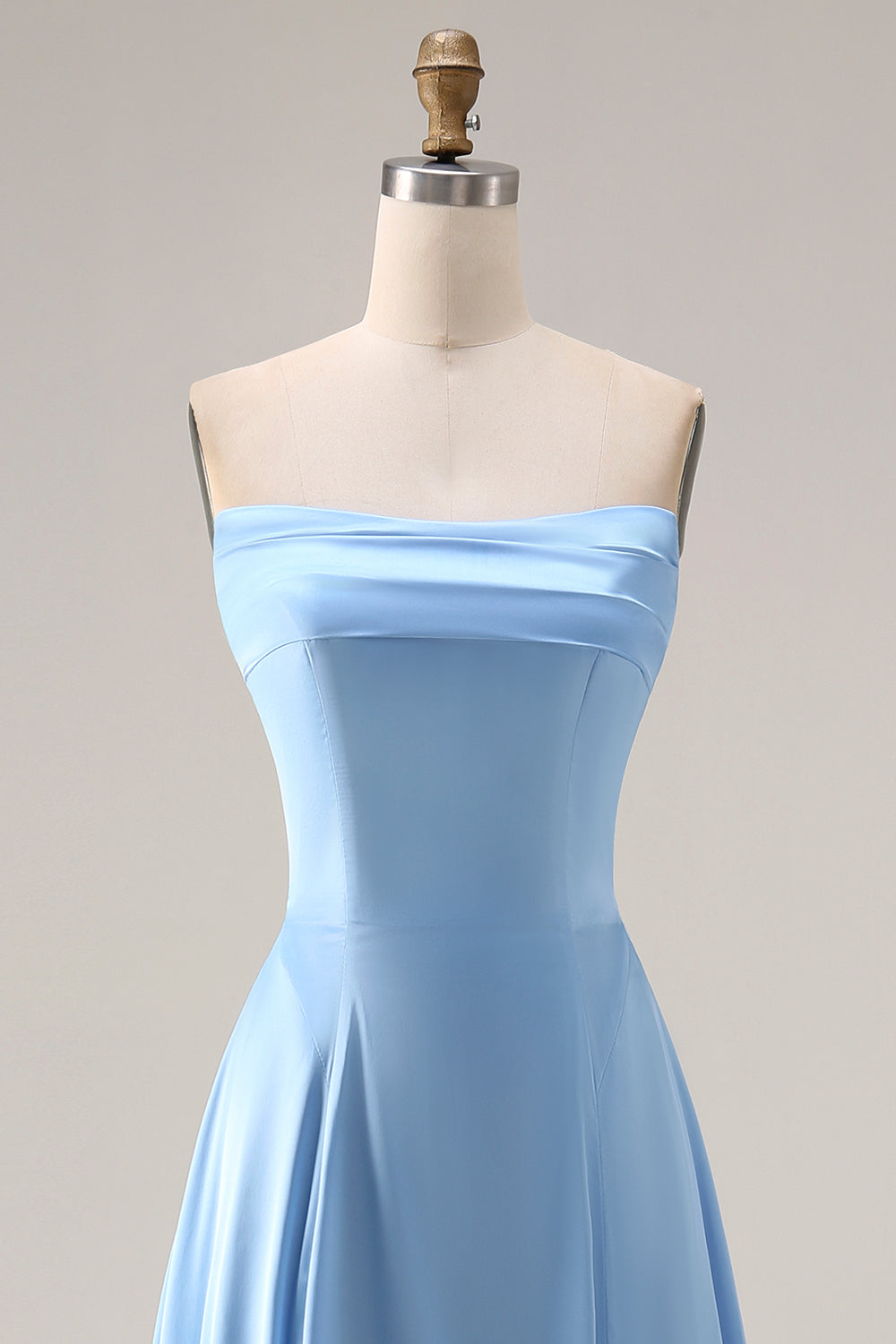 Blue A Line Strapless Satin Bridesmaid Dress