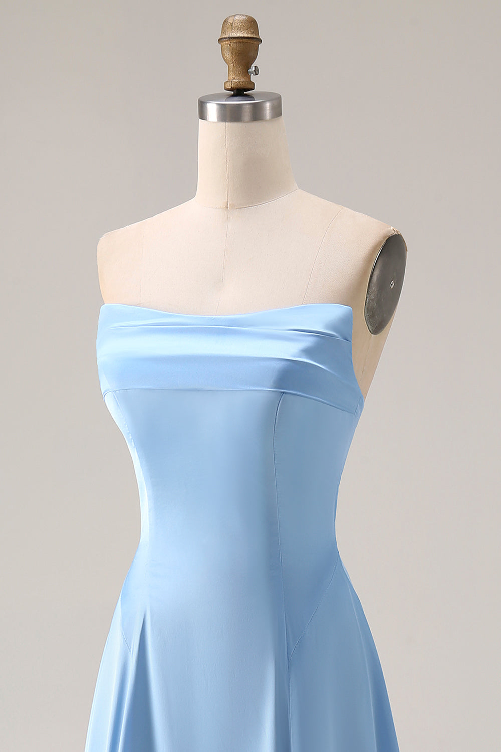 Blue A Line Strapless Satin Bridesmaid Dress