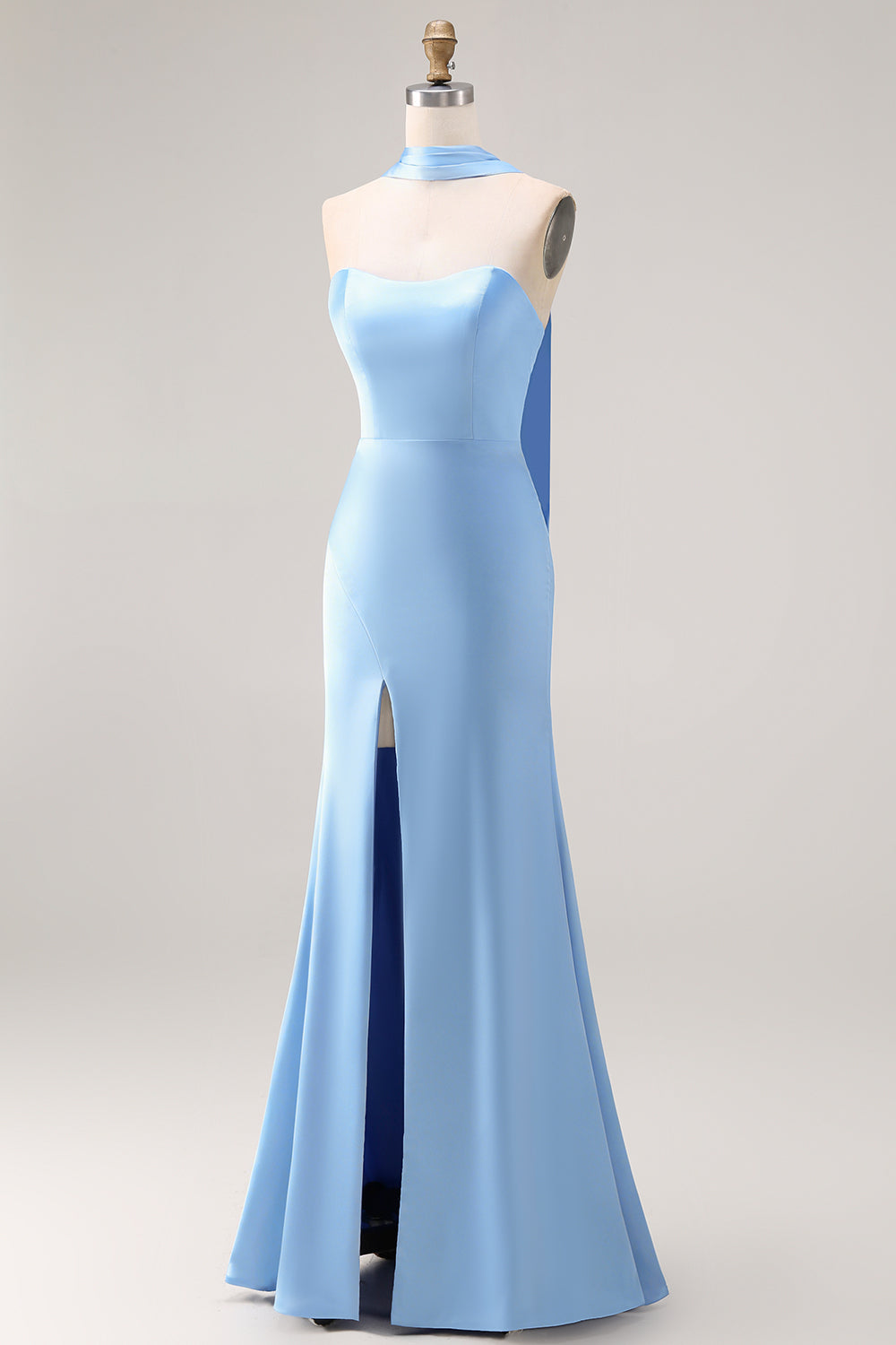 Mermaid Strapless Satin Steel Blue Maxi Bridesmaid Dress