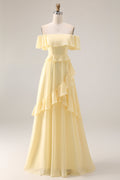 Off the Shoulder Chiffon Lemon Sorbet A Line Bridesmaid Dress