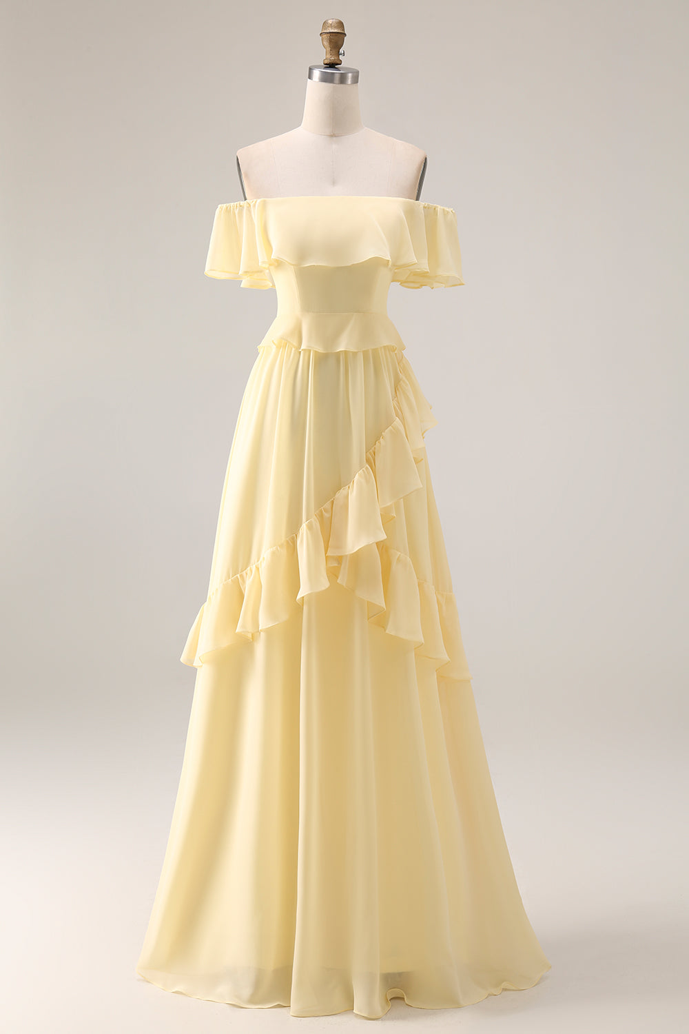 Off the Shoulder Chiffon Lemon Sorbet A Line Bridesmaid Dress
