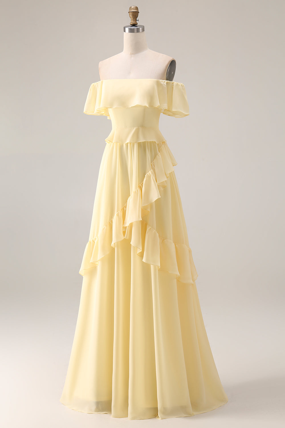 Off the Shoulder Chiffon Lemon Sorbet A Line Bridesmaid Dress