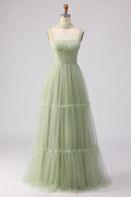 A Line Tulle Dusty Sage Pleated Bridesmaid Dress