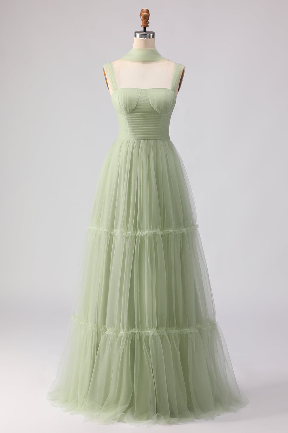 A Line Tulle Dusty Sage Pleated Bridesmaid Dress