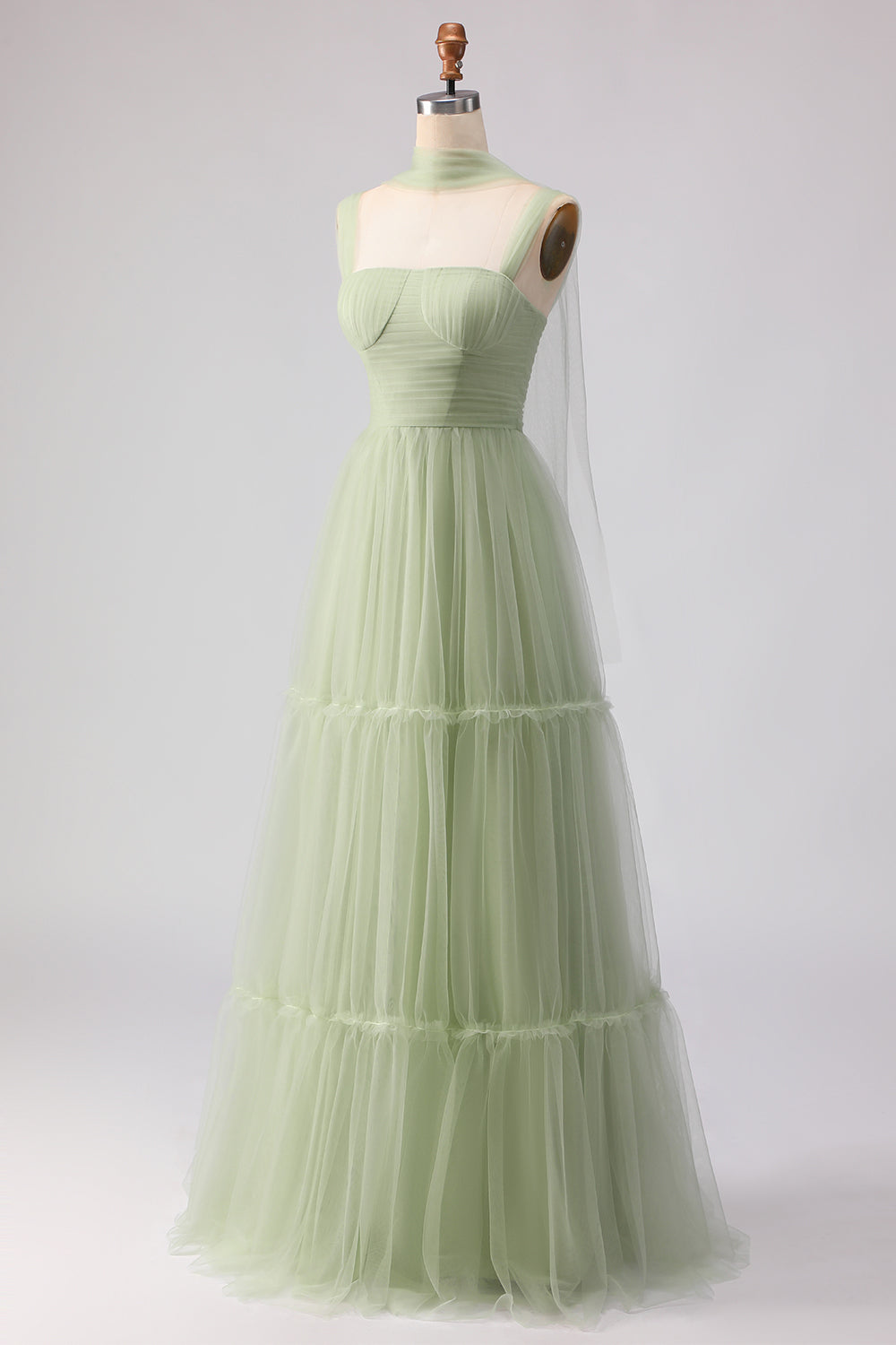 A Line Tulle Dusty Sage Pleated Bridesmaid Dress