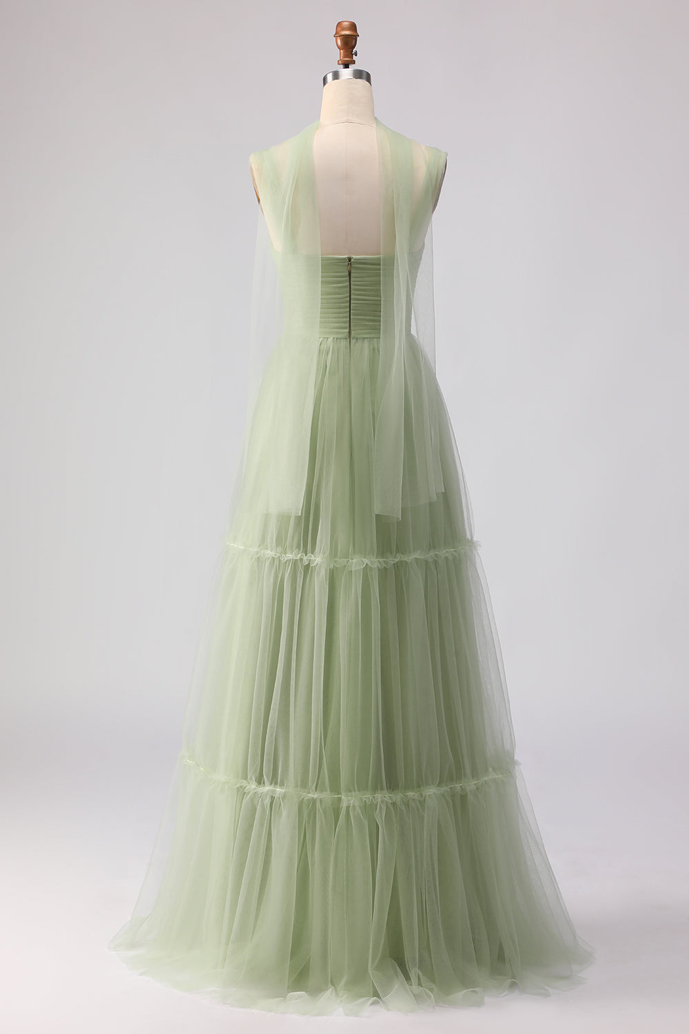 A Line Tulle Dusty Sage Pleated Bridesmaid Dress